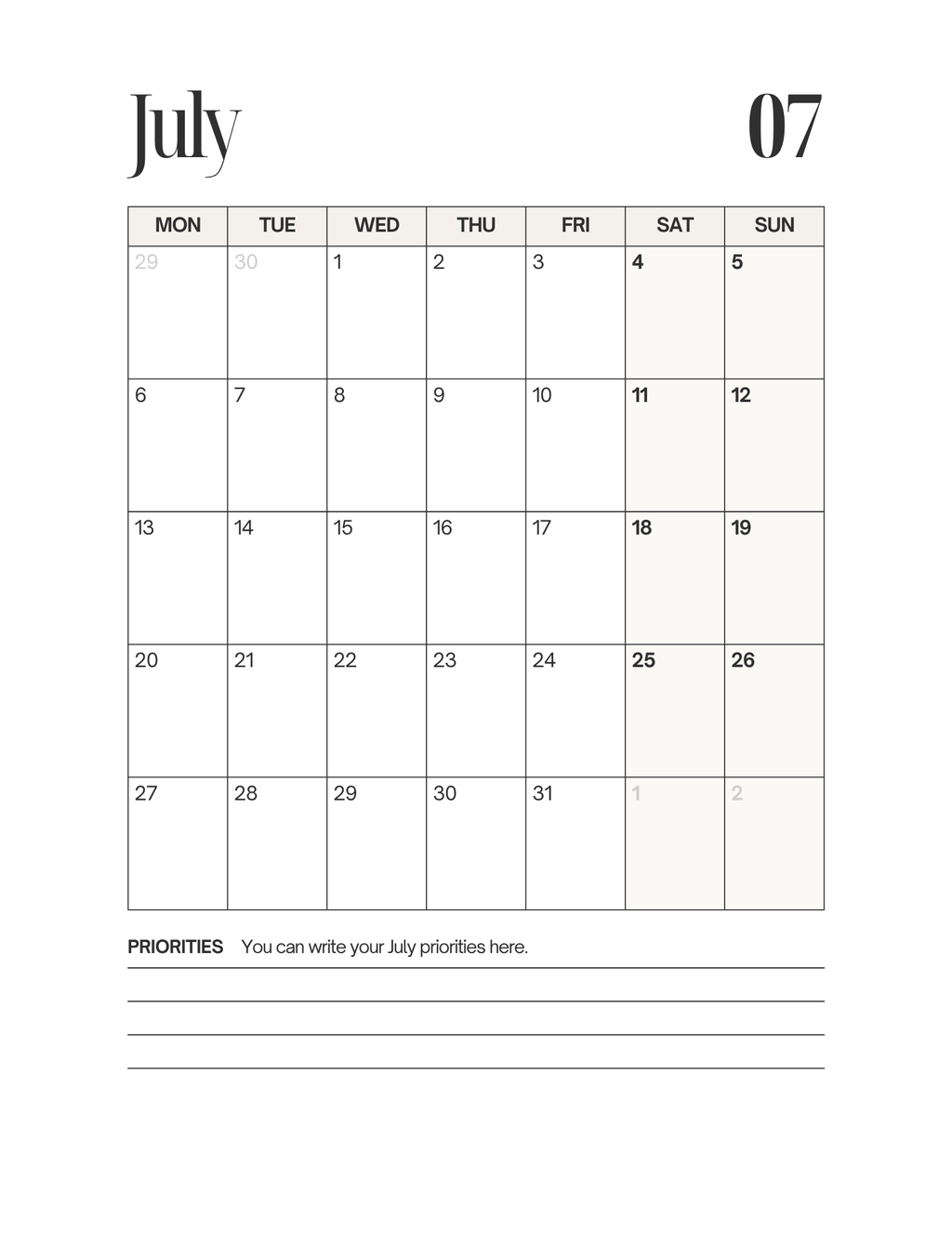 Simple-Cursive Yearly Planner
