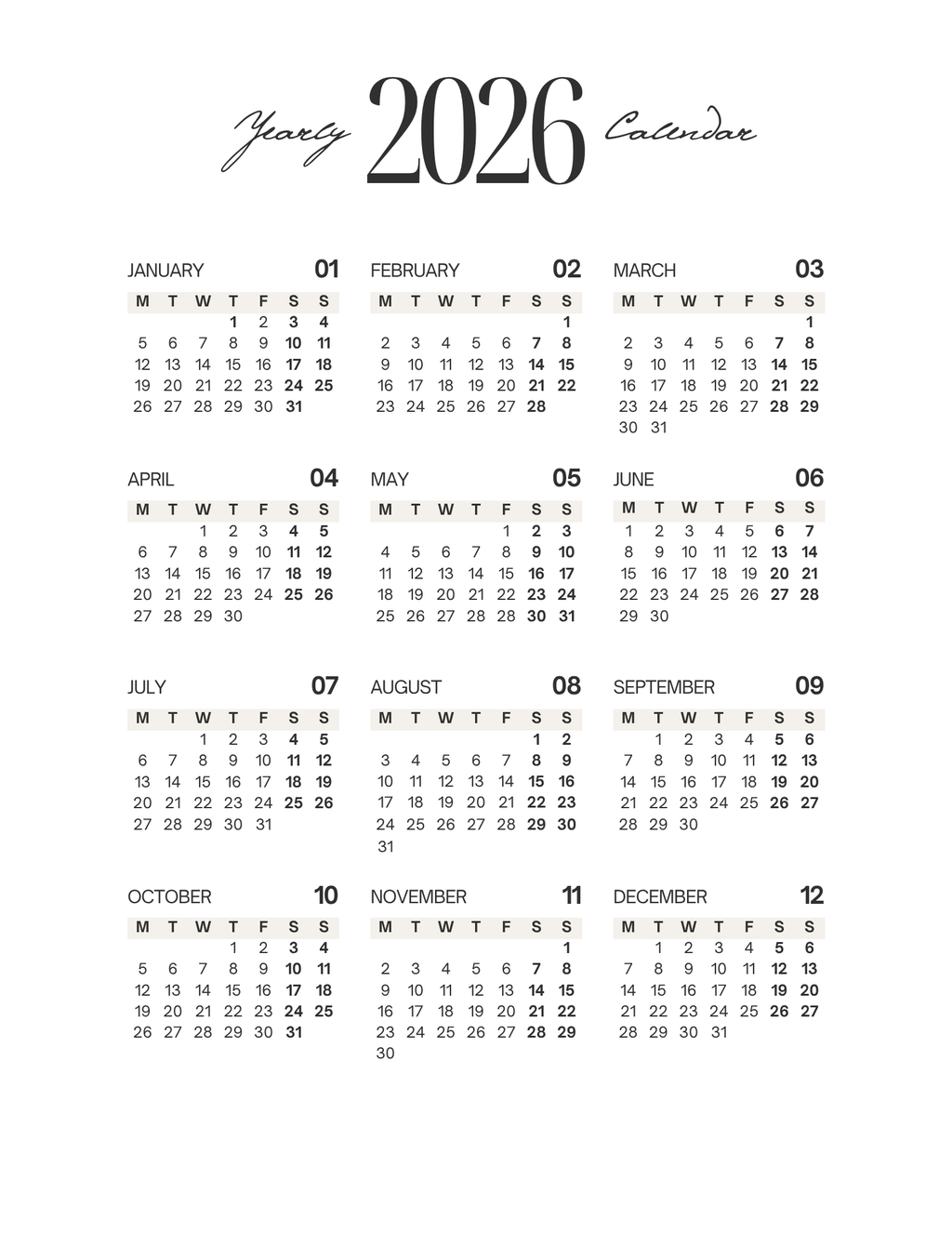 Simple-Cursive Yearly Planner