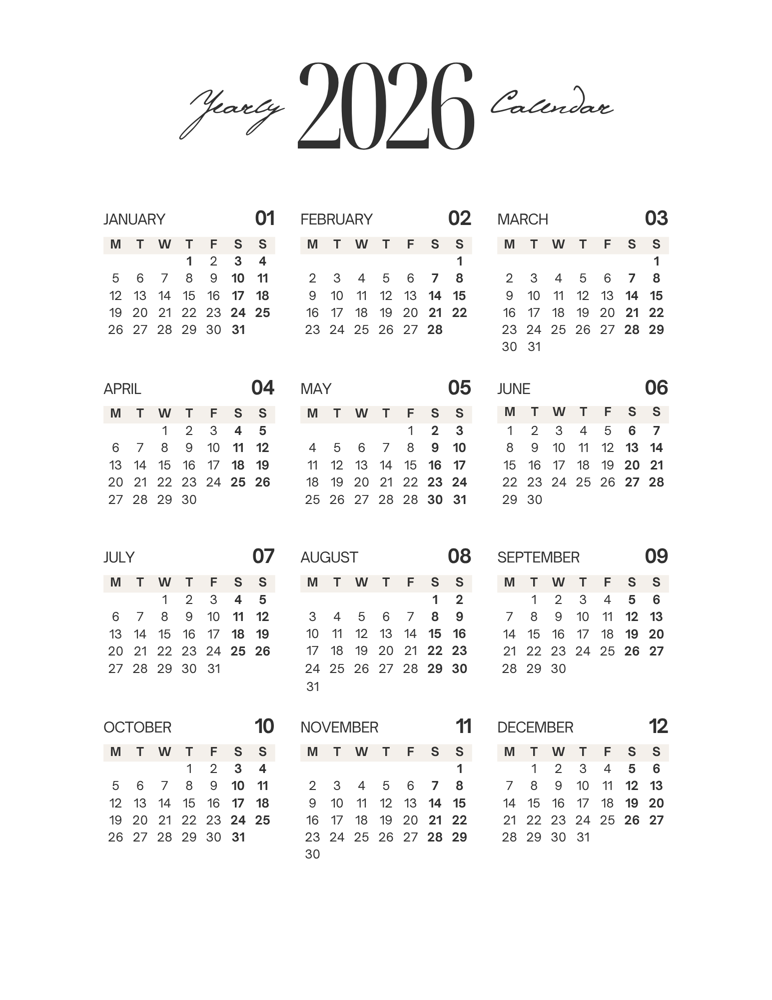 Simple-Cursive Yearly Planner