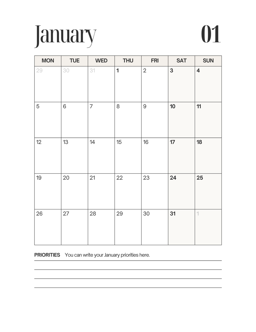 Simple-Cursive Yearly Planner