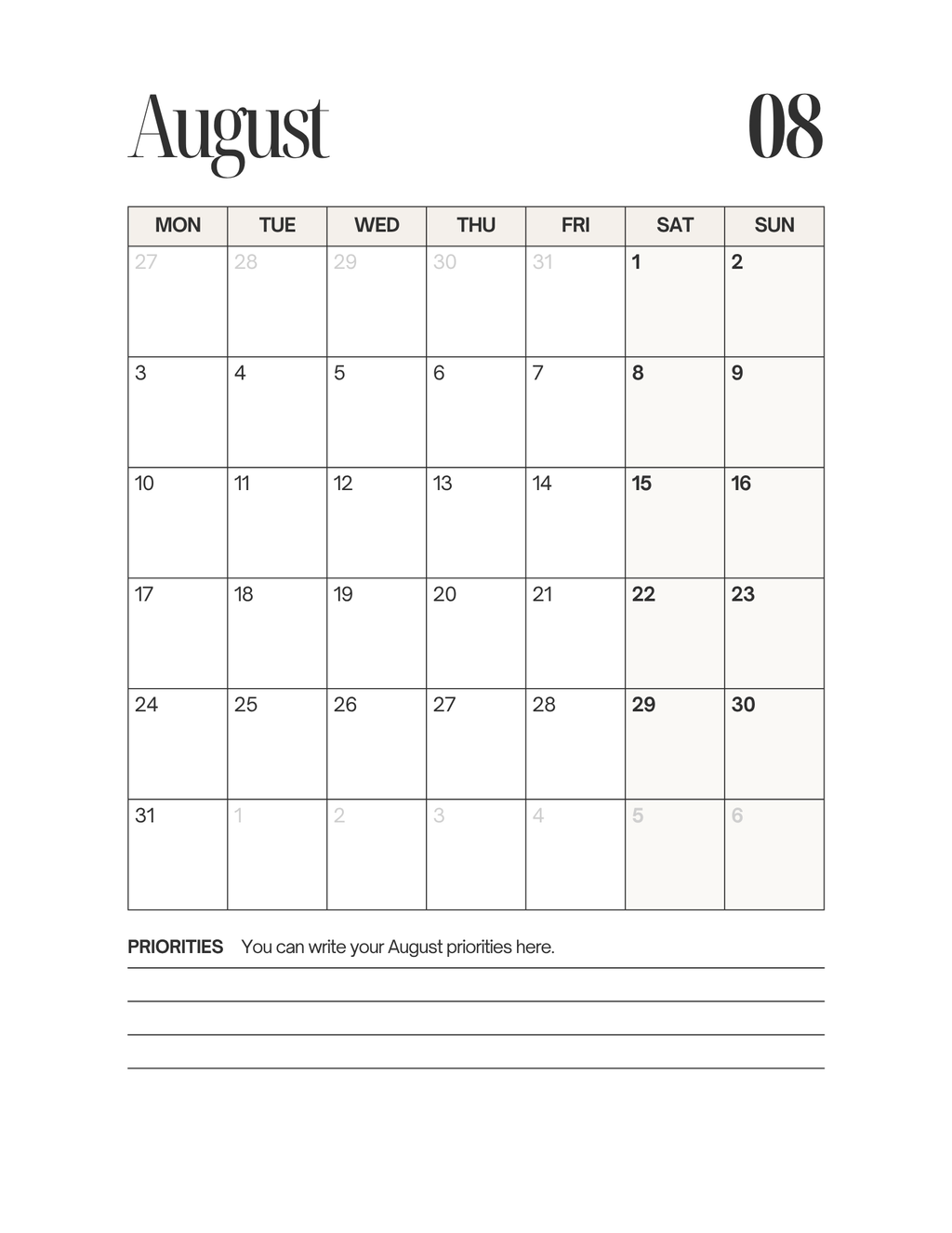 Simple-Cursive Yearly Planner