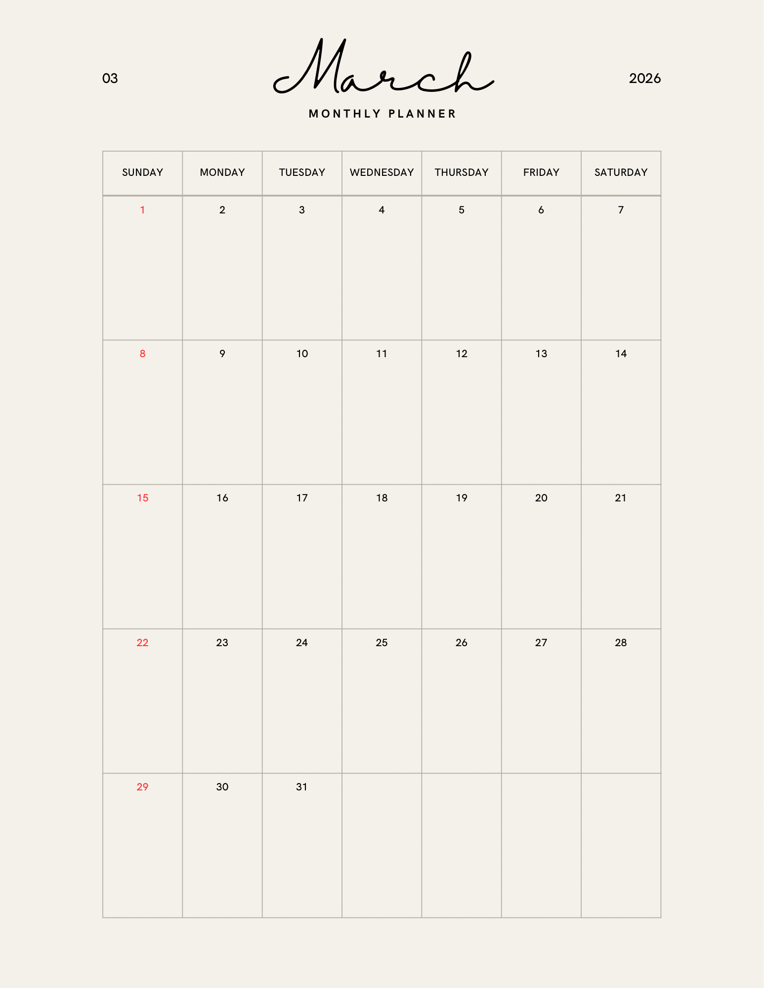 Simple Beige Yearly Planner