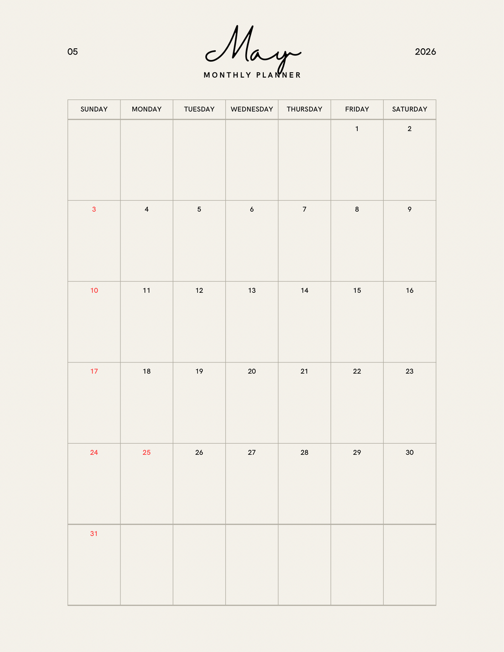 Simple Beige Yearly Planner