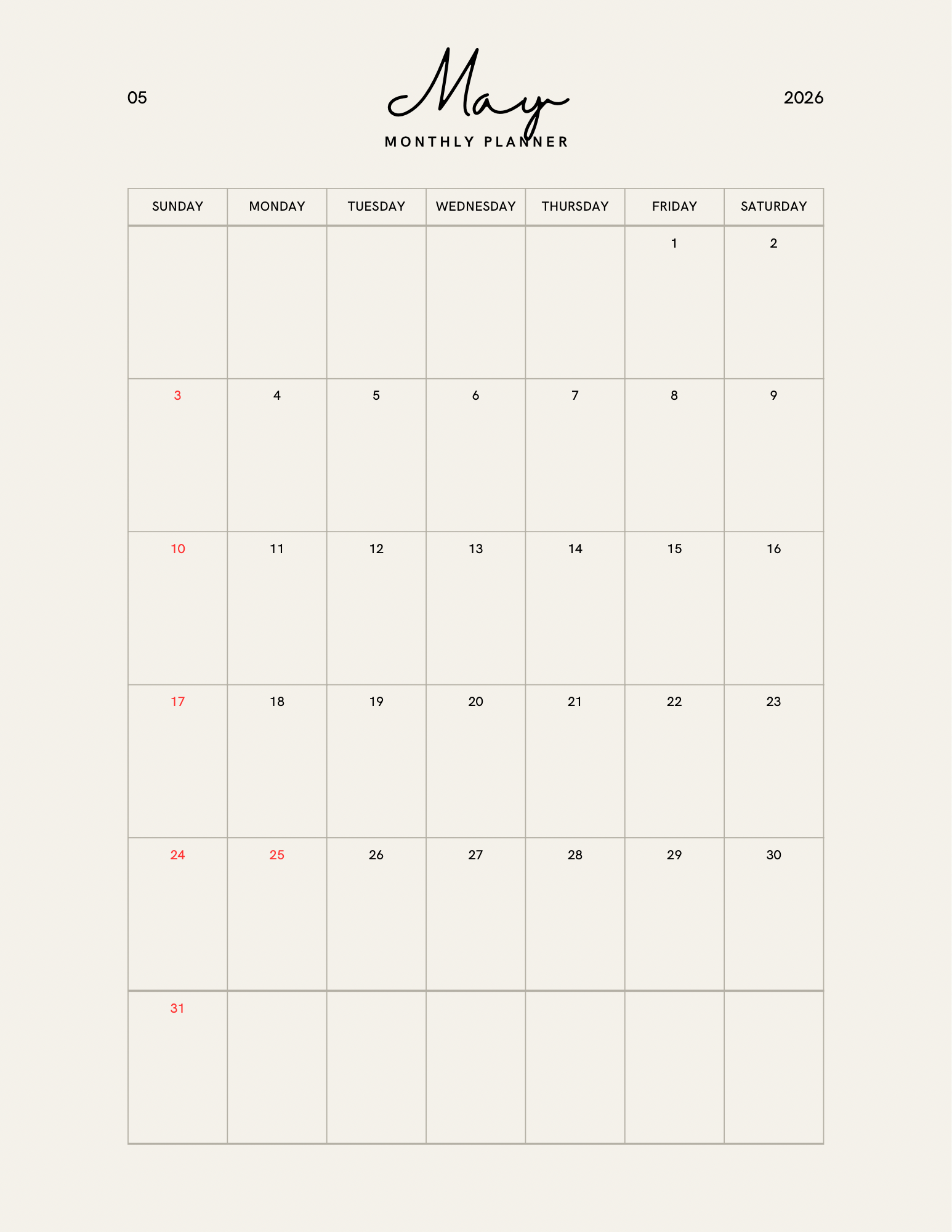 Simple Beige Yearly Planner