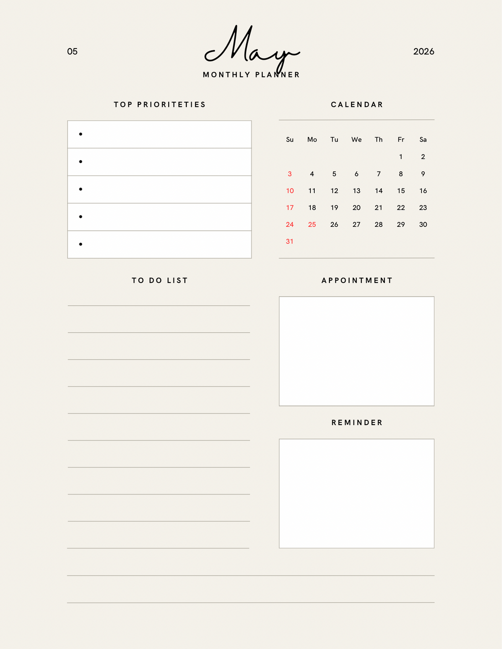 Simple Beige Yearly Planner