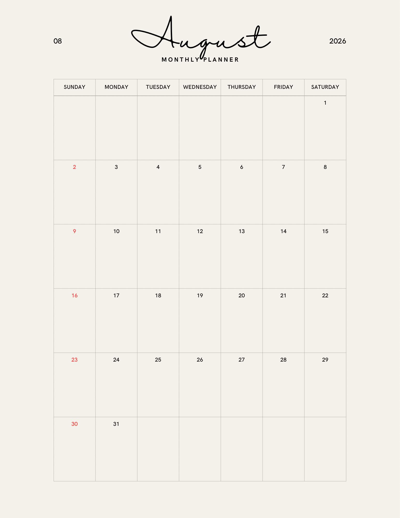 Simple Beige Yearly Planner